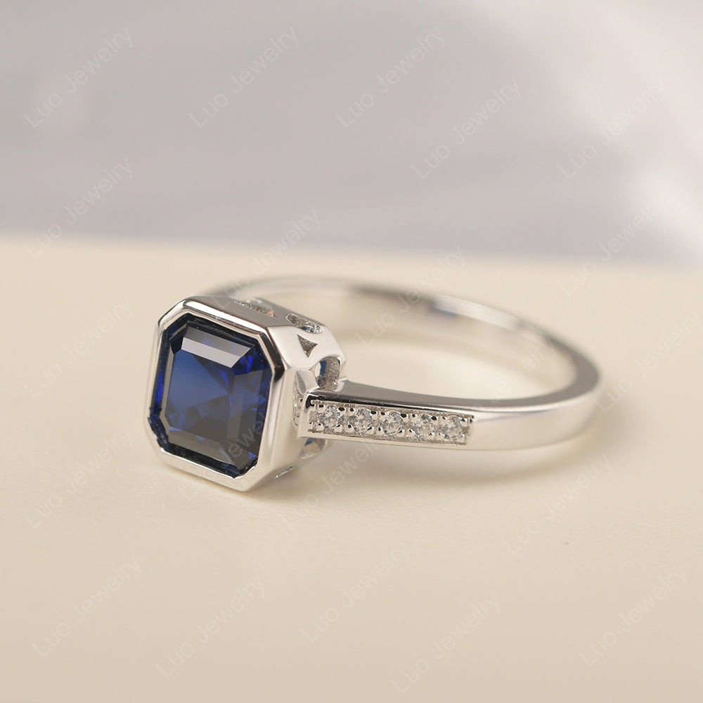 Lab Sapphire Bezel Set Asscher Engagement Rings - LUO Jewelry