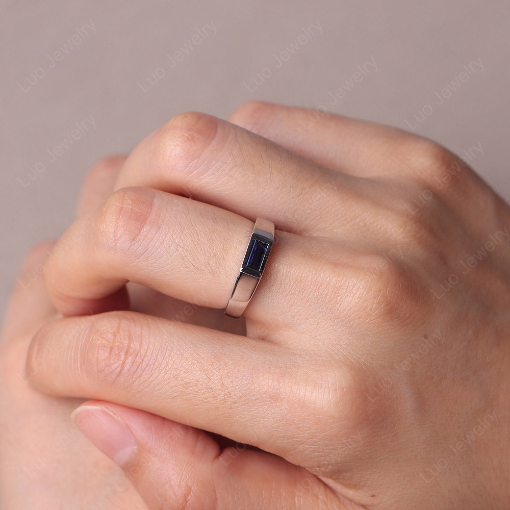 Lab Sapphire Bezel Baguette Engagement Ring