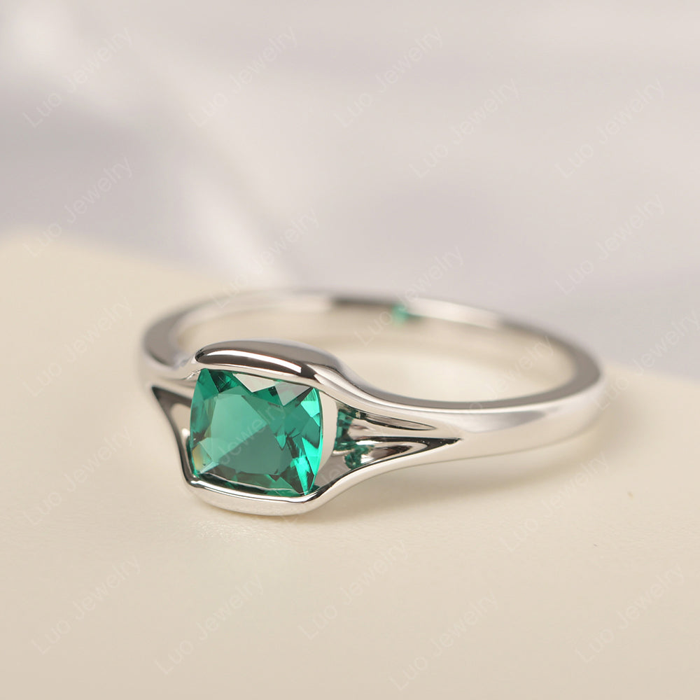 Vintage Cushion Lab Emerald Bezel Set Solitaire Ring - LUO Jewelry