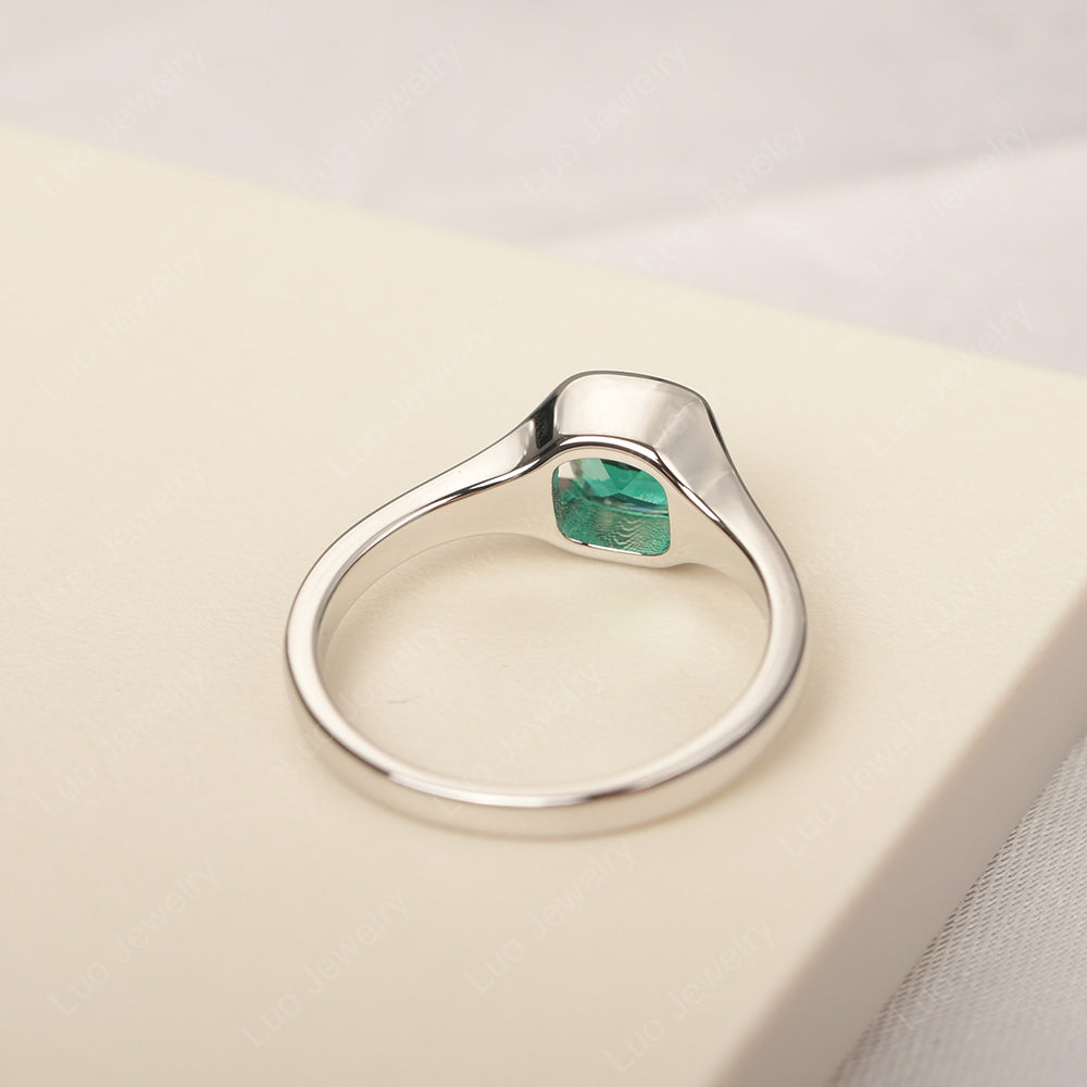 Vintage Cushion Lab Emerald Bezel Set Solitaire Ring - LUO Jewelry