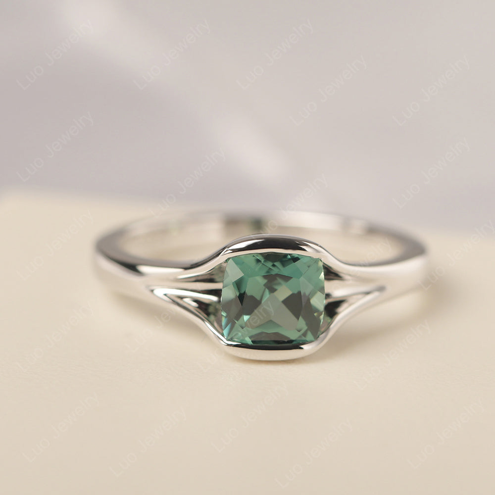 Vintage Cushion Green Sapphire Bezel Set Solitaire Ring - LUO Jewelry