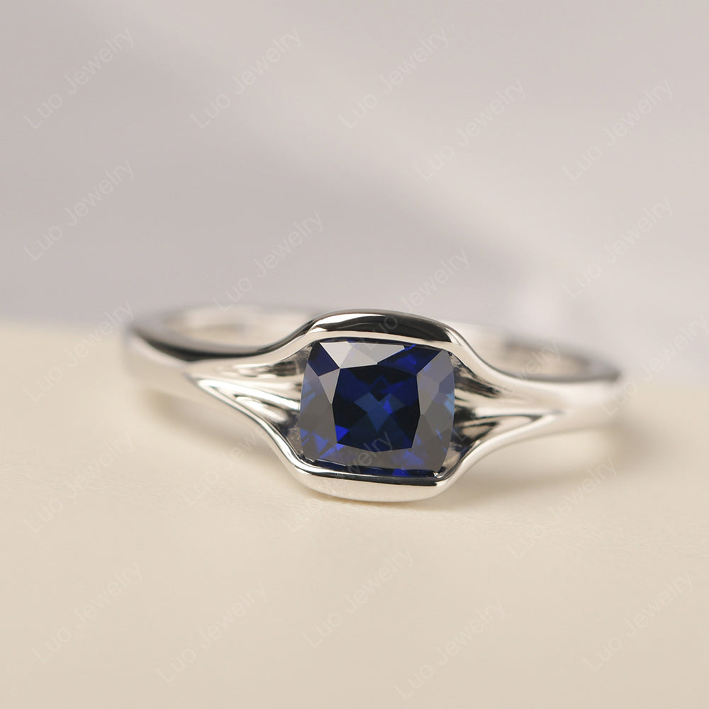 Vintage Cushion Lab Sapphire Bezel Set Solitaire Ring - LUO Jewelry