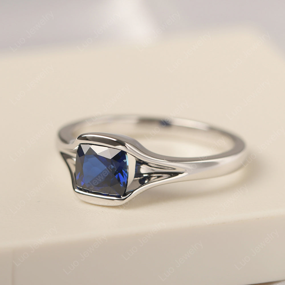 Vintage Cushion Lab Sapphire Bezel Set Solitaire Ring - LUO Jewelry