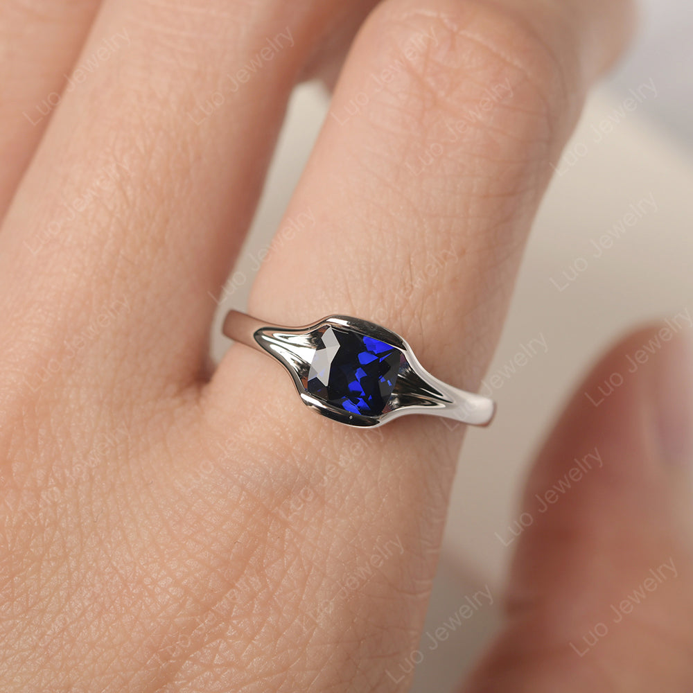 Vintage Cushion Lab Sapphire Bezel Set Solitaire Ring - LUO Jewelry