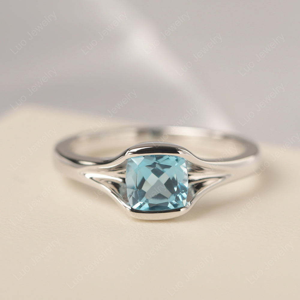 Vintage Cushion Swiss Blue Topaz Bezel Set Solitaire Ring - LUO Jewelry
