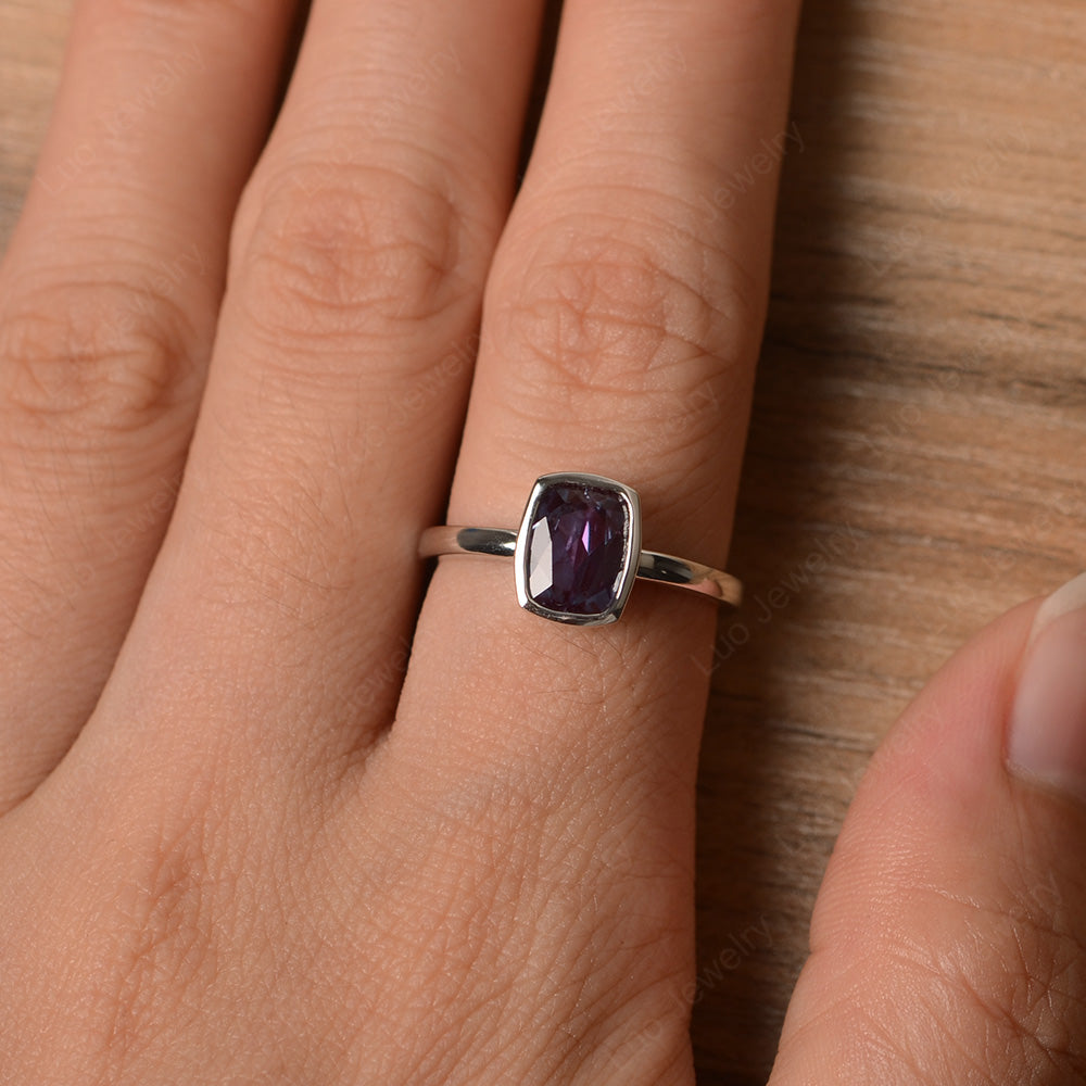 Cushion Cut Alexandrite Bezel Set Solitaire Ring - LUO Jewelry