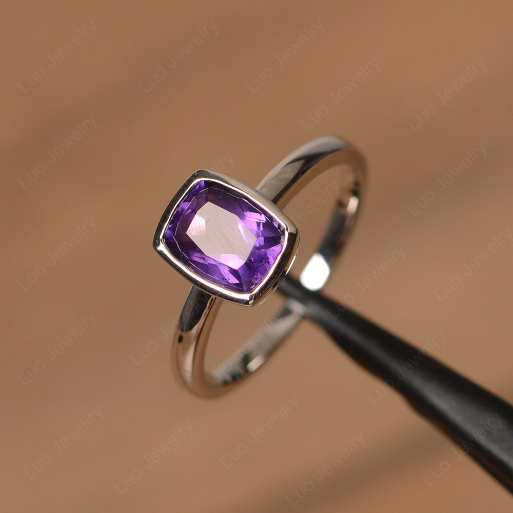 Cushion Cut Amethyst Bezel Set Solitaire Ring - LUO Jewelry