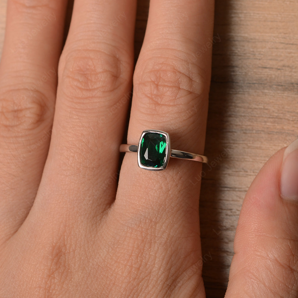 Cushion Cut Lab Emerald Bezel Set Solitaire Ring - LUO Jewelry
