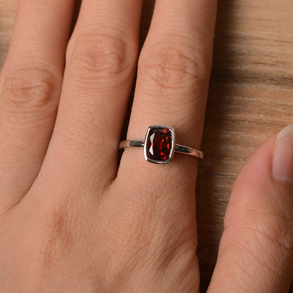 Cushion Cut Garnet Bezel Set Solitaire Ring - LUO Jewelry