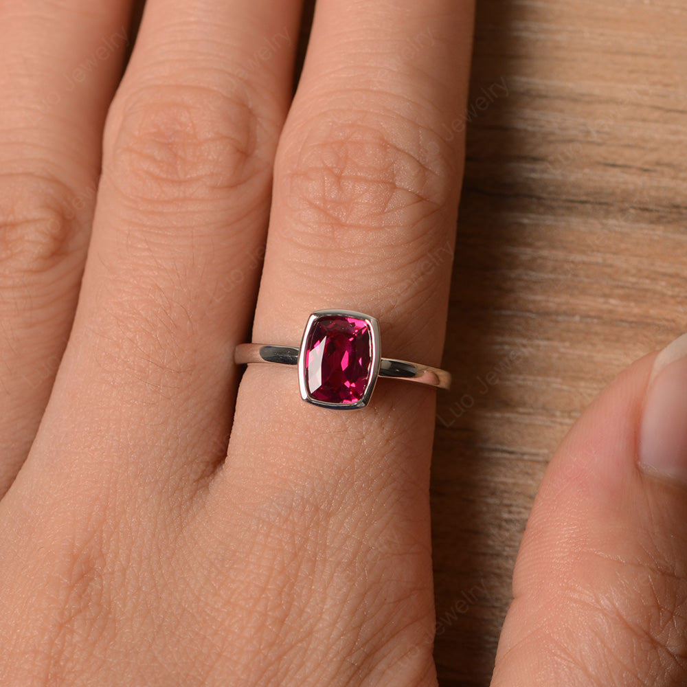Cushion Cut Ruby Bezel Set Solitaire Ring - LUO Jewelry