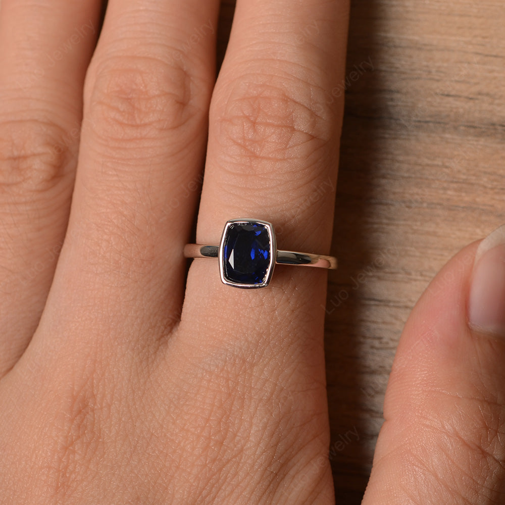 Cushion Cut Lab Sapphire Bezel Set Solitaire Ring - LUO Jewelry