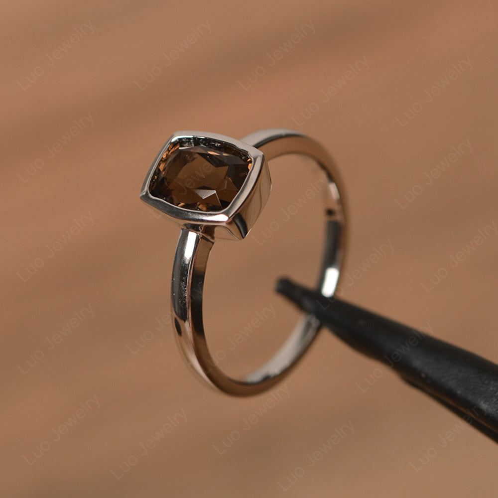 Cushion Cut Smoky Quartz  Bezel Set Solitaire Ring - LUO Jewelry