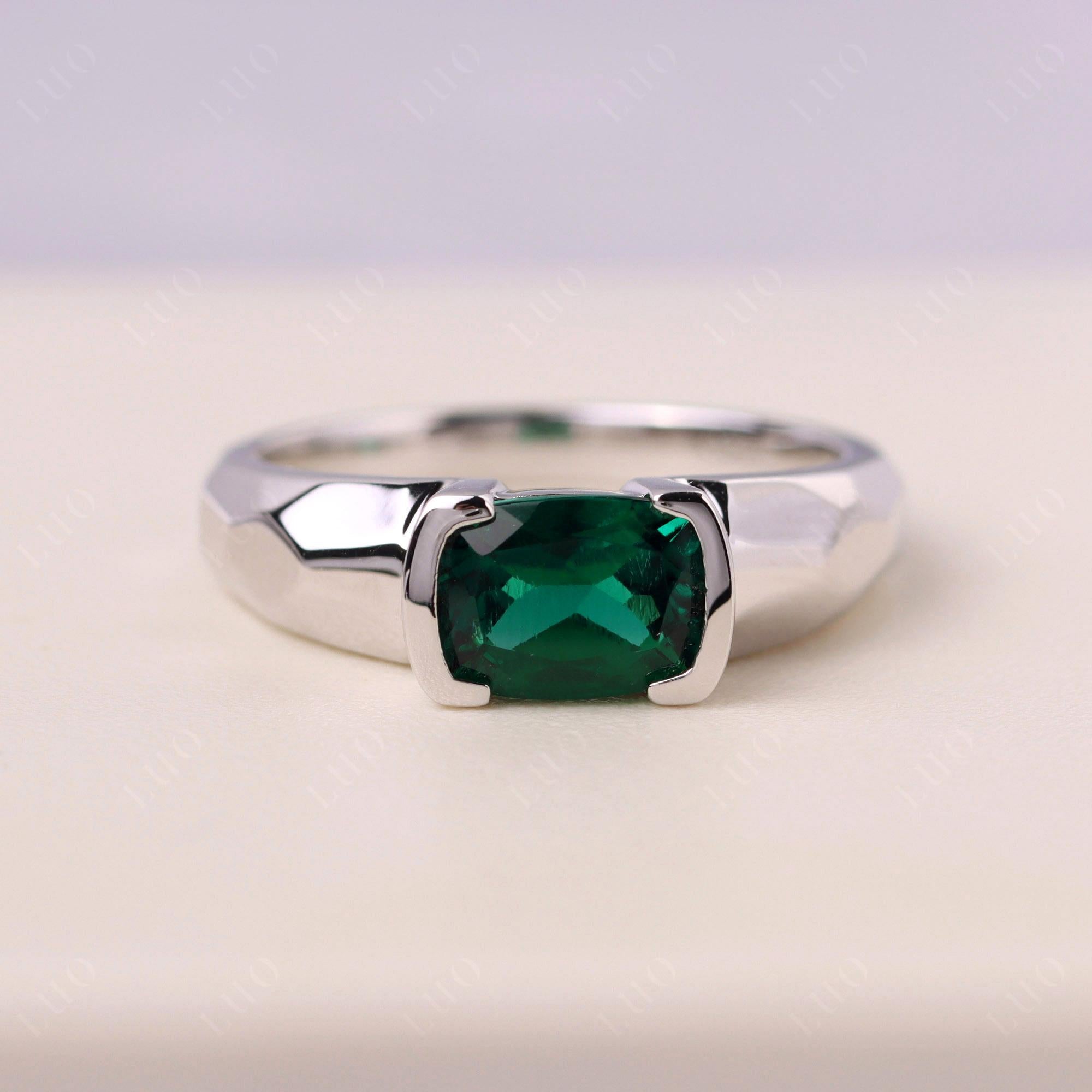 Elongated Cushion Lab Created Emerald Engagement Ring - LUO Jewelry