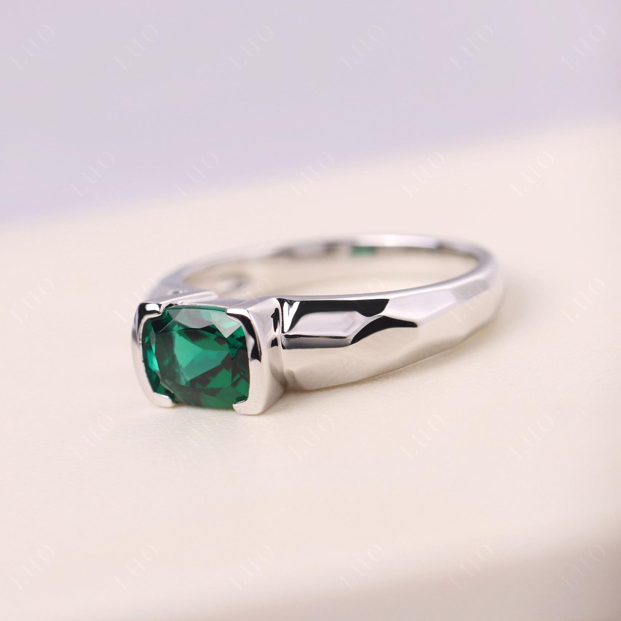 Elongated Cushion Lab Created Emerald Engagement Ring - LUO Jewelry