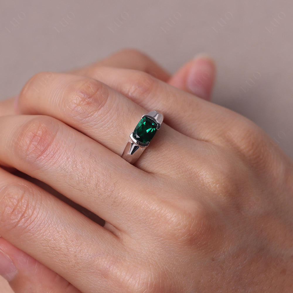 Elongated Cushion Cut Lab Emerald Engagement Ring