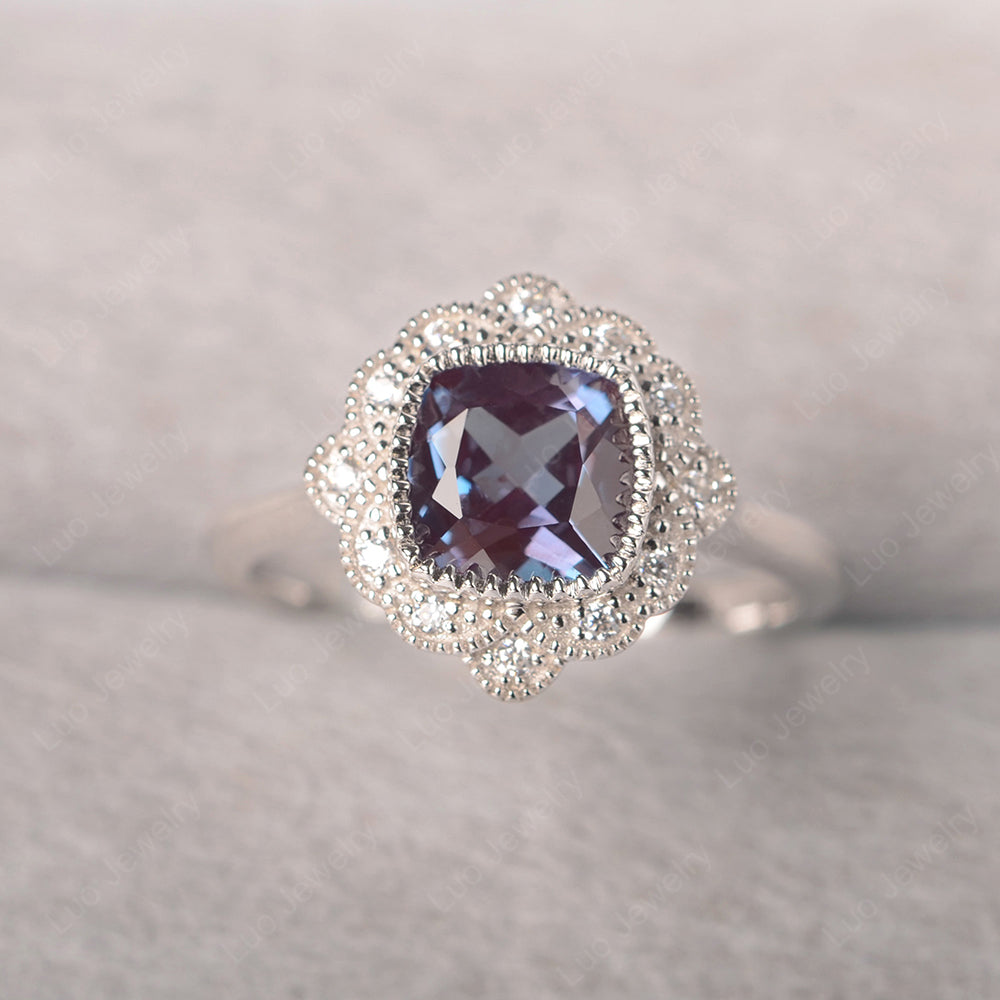 Cushion Cut Flower Alexandrite Ring Bezel Set - LUO Jewelry