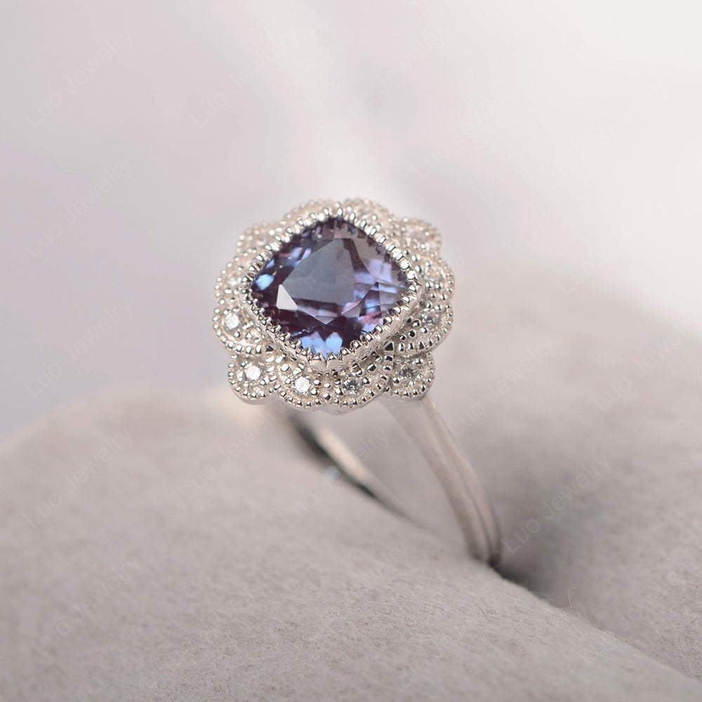 Cushion Cut Flower Alexandrite Ring Bezel Set - LUO Jewelry