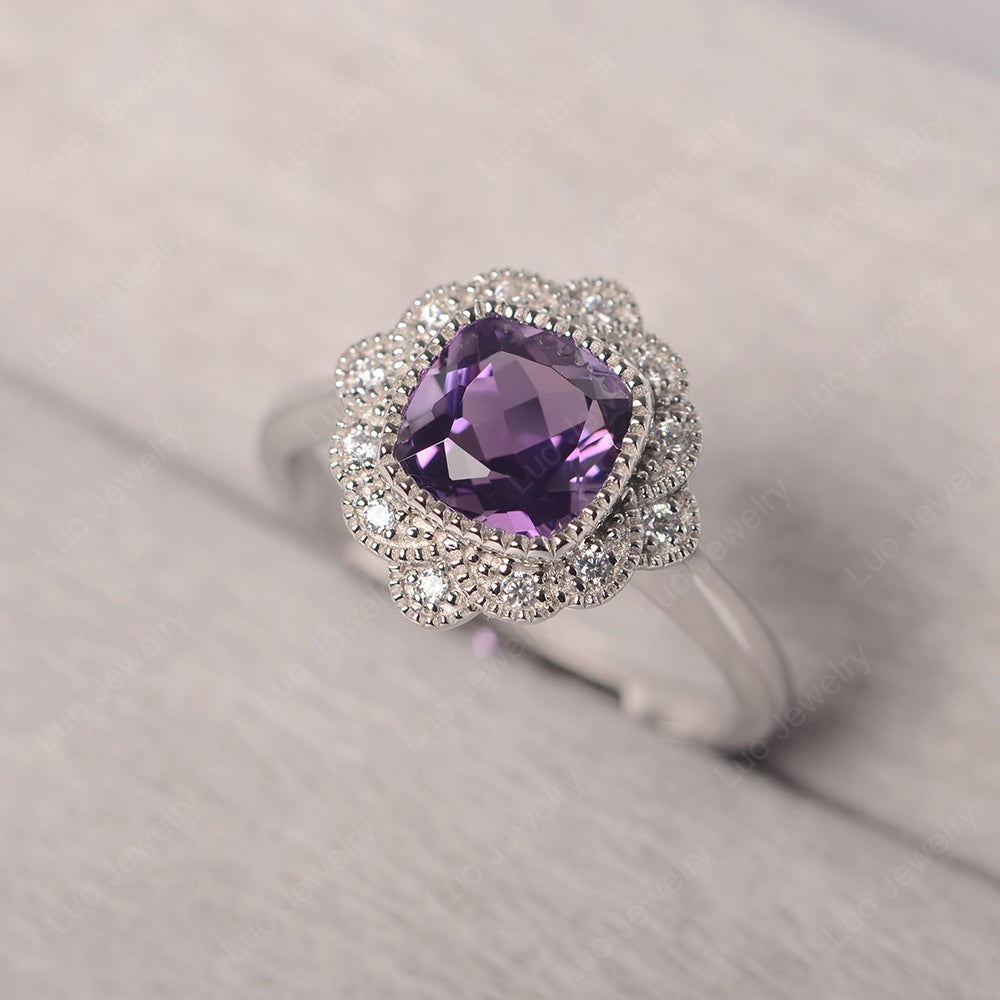 Cushion Cut Flower Amethyst Ring Bezel Set - LUO Jewelry