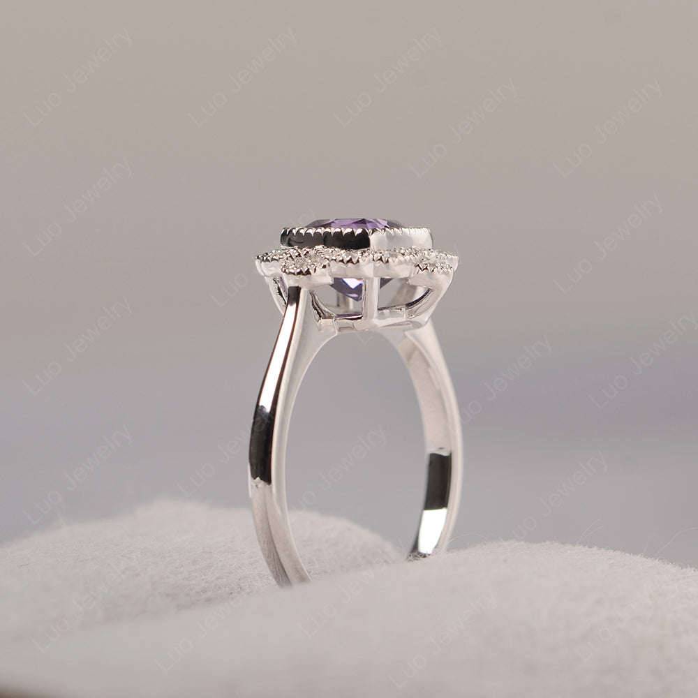 Cushion Cut Flower Amethyst Ring Bezel Set - LUO Jewelry