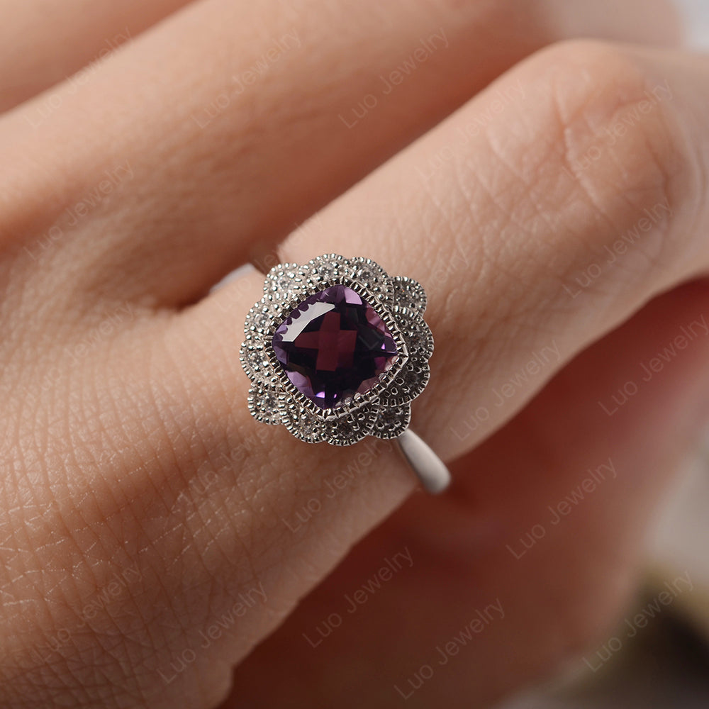 Cushion Cut Flower Amethyst Ring Bezel Set - LUO Jewelry