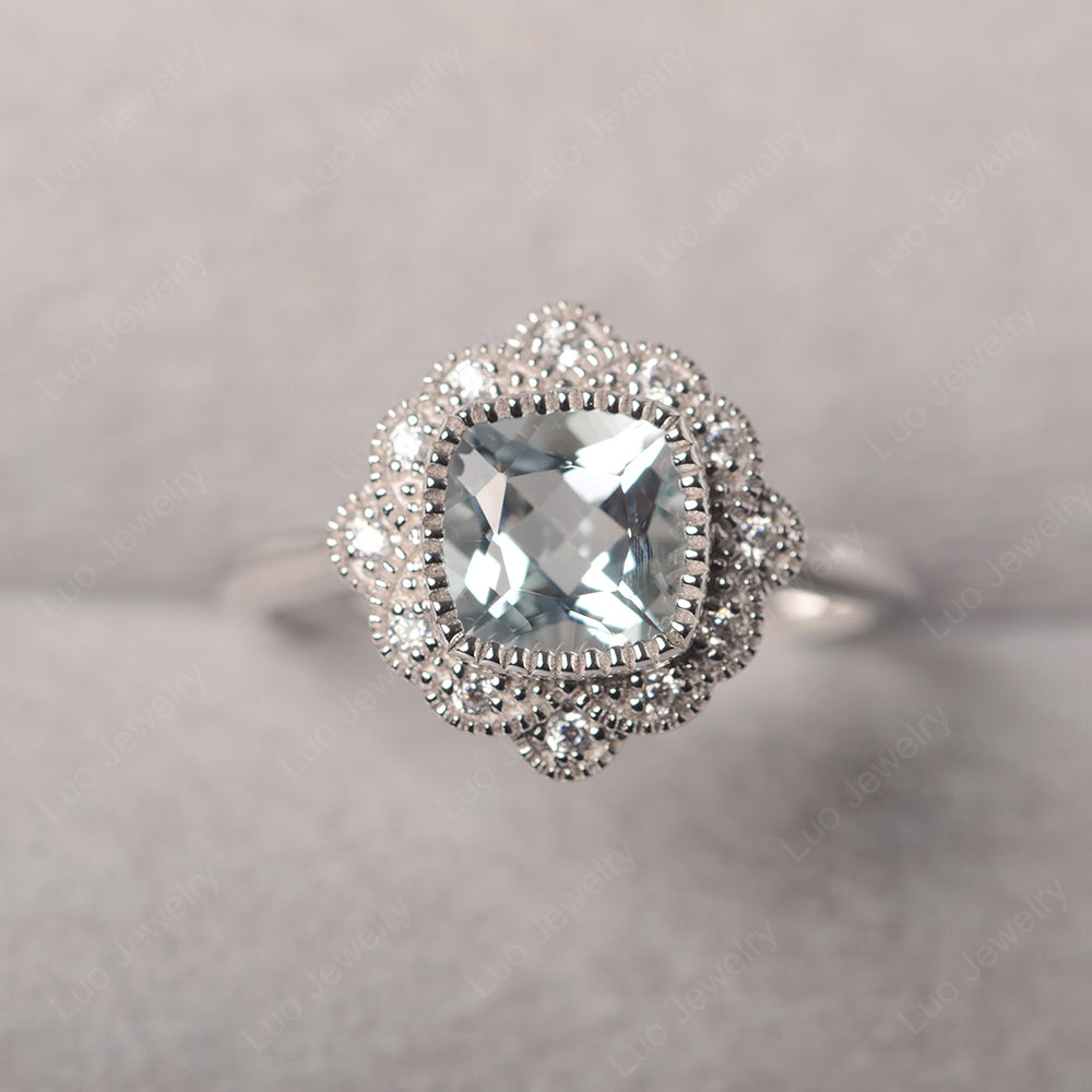 Cushion Cut Flower Aquamarine Ring Bezel Set - LUO Jewelry