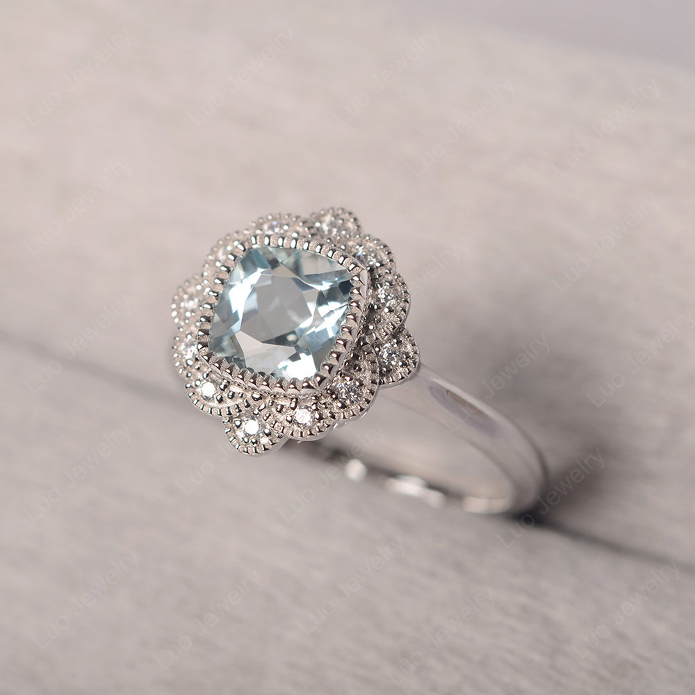 Cushion Cut Flower Aquamarine Ring Bezel Set - LUO Jewelry