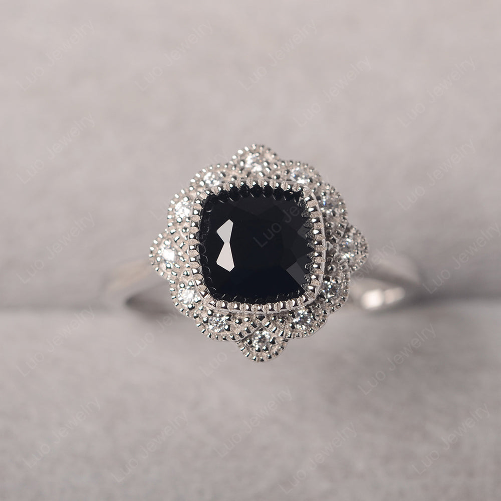 Cushion Cut Flower Black Spinel Ring Bezel Set - LUO Jewelry