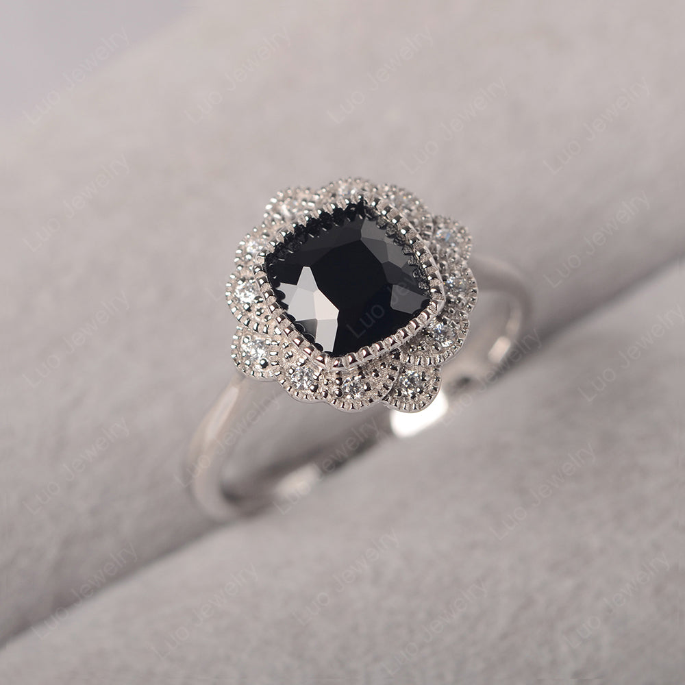 Cushion Cut Flower Black Spinel Ring Bezel Set - LUO Jewelry