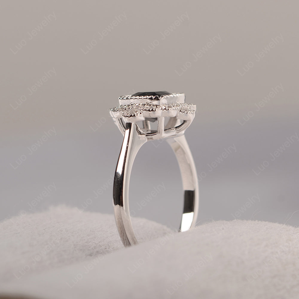 Cushion Cut Flower Black Spinel Ring Bezel Set - LUO Jewelry