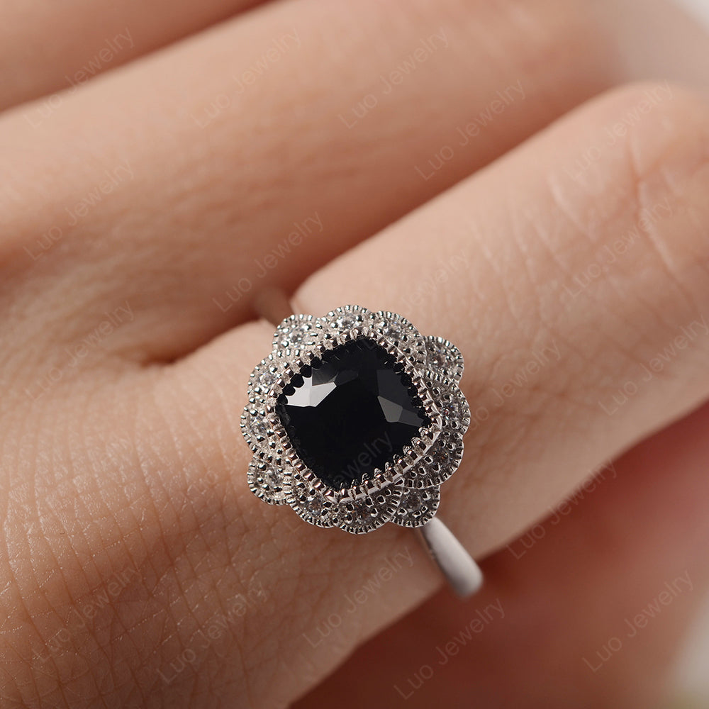 Cushion Cut Flower Black Spinel Ring Bezel Set - LUO Jewelry