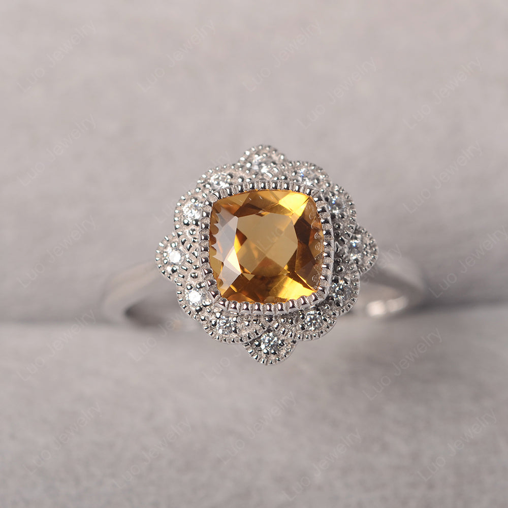 Cushion Cut Flower Citrine Ring Bezel Set - LUO Jewelry