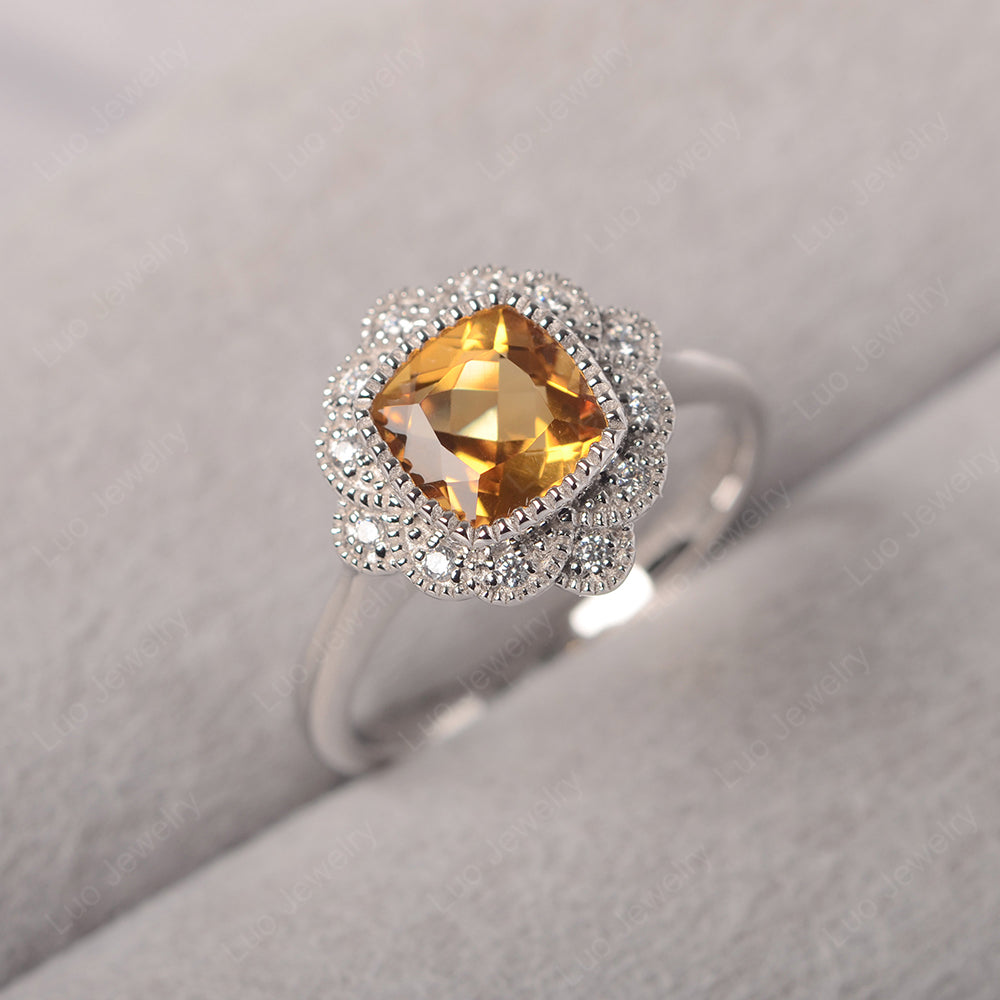 Cushion Cut Flower Citrine Ring Bezel Set - LUO Jewelry