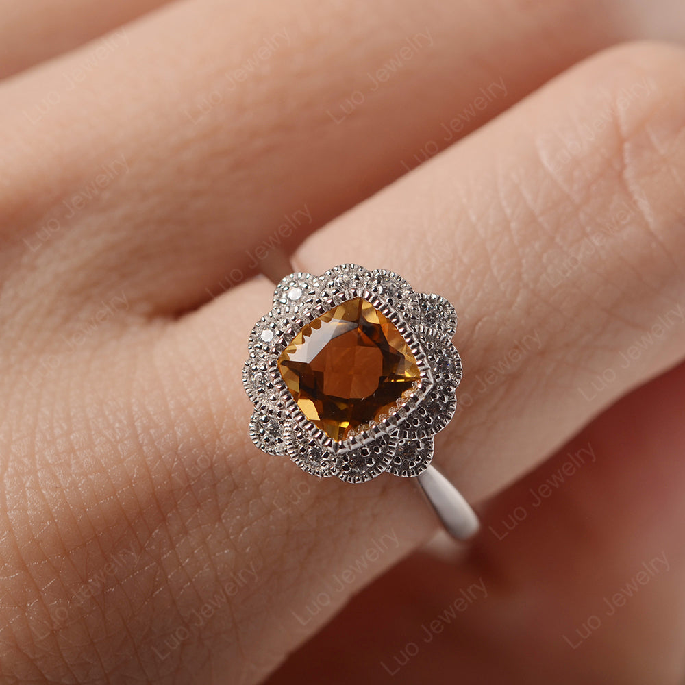 Cushion Cut Flower Citrine Ring Bezel Set - LUO Jewelry