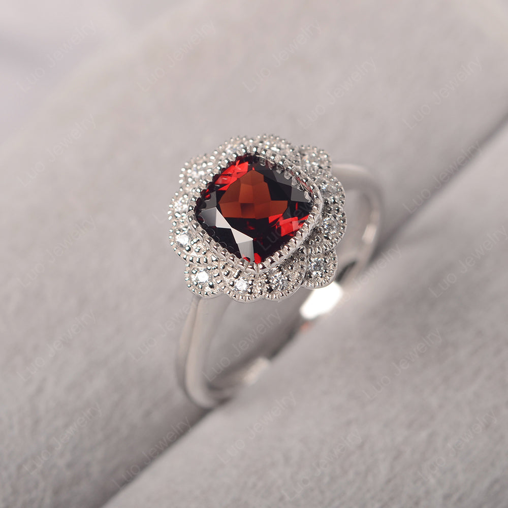 Cushion Cut Flower Garnet Ring Bezel Set - LUO Jewelry