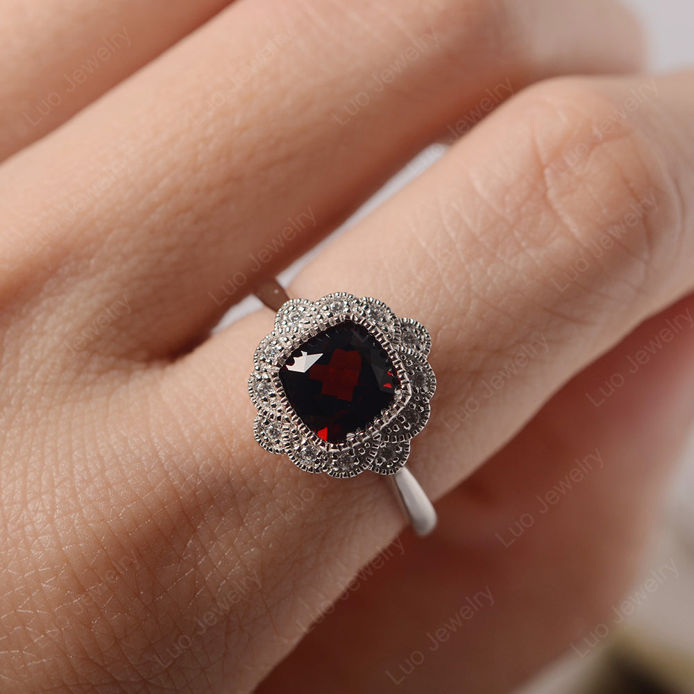 Cushion Cut Flower Garnet Ring Bezel Set - LUO Jewelry