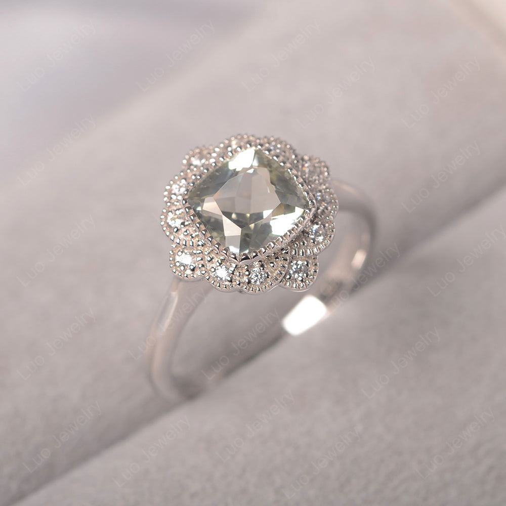 Cushion Cut Flower Green Amethyst Ring Bezel Set - LUO Jewelry