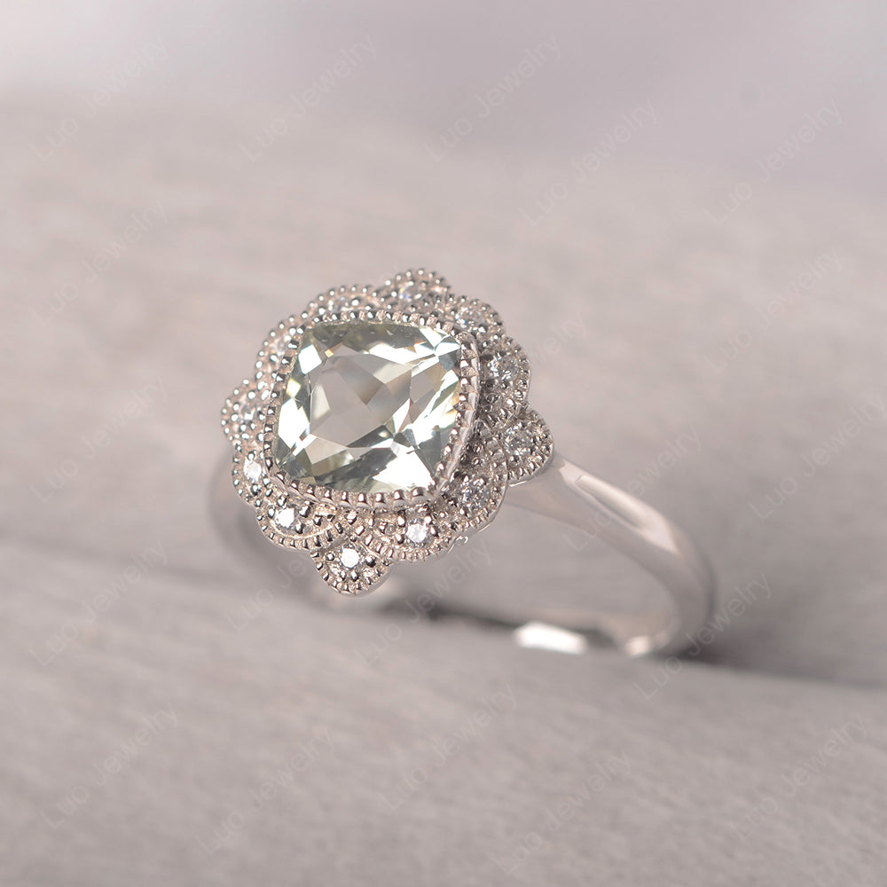 Cushion Cut Flower Green Amethyst Ring Bezel Set - LUO Jewelry