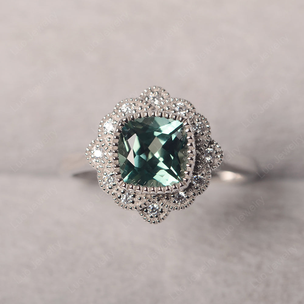 Cushion Cut Flower Green Sapphire Ring Bezel Set - LUO Jewelry