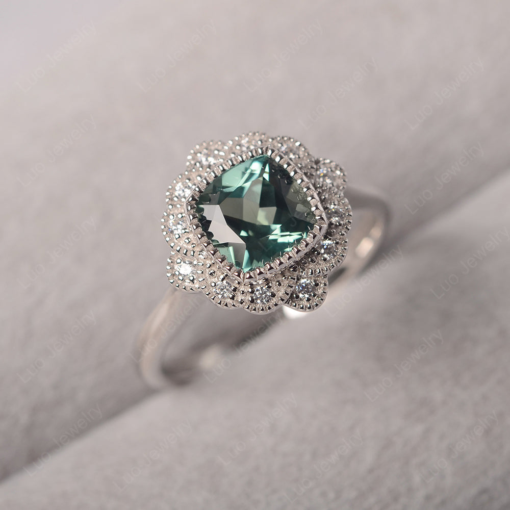 Cushion Cut Flower Green Sapphire Ring Bezel Set - LUO Jewelry