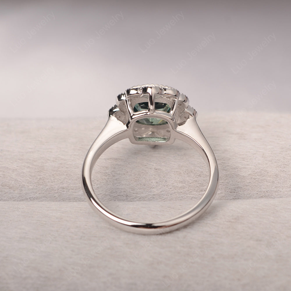 Cushion Cut Flower Green Sapphire Ring Bezel Set - LUO Jewelry