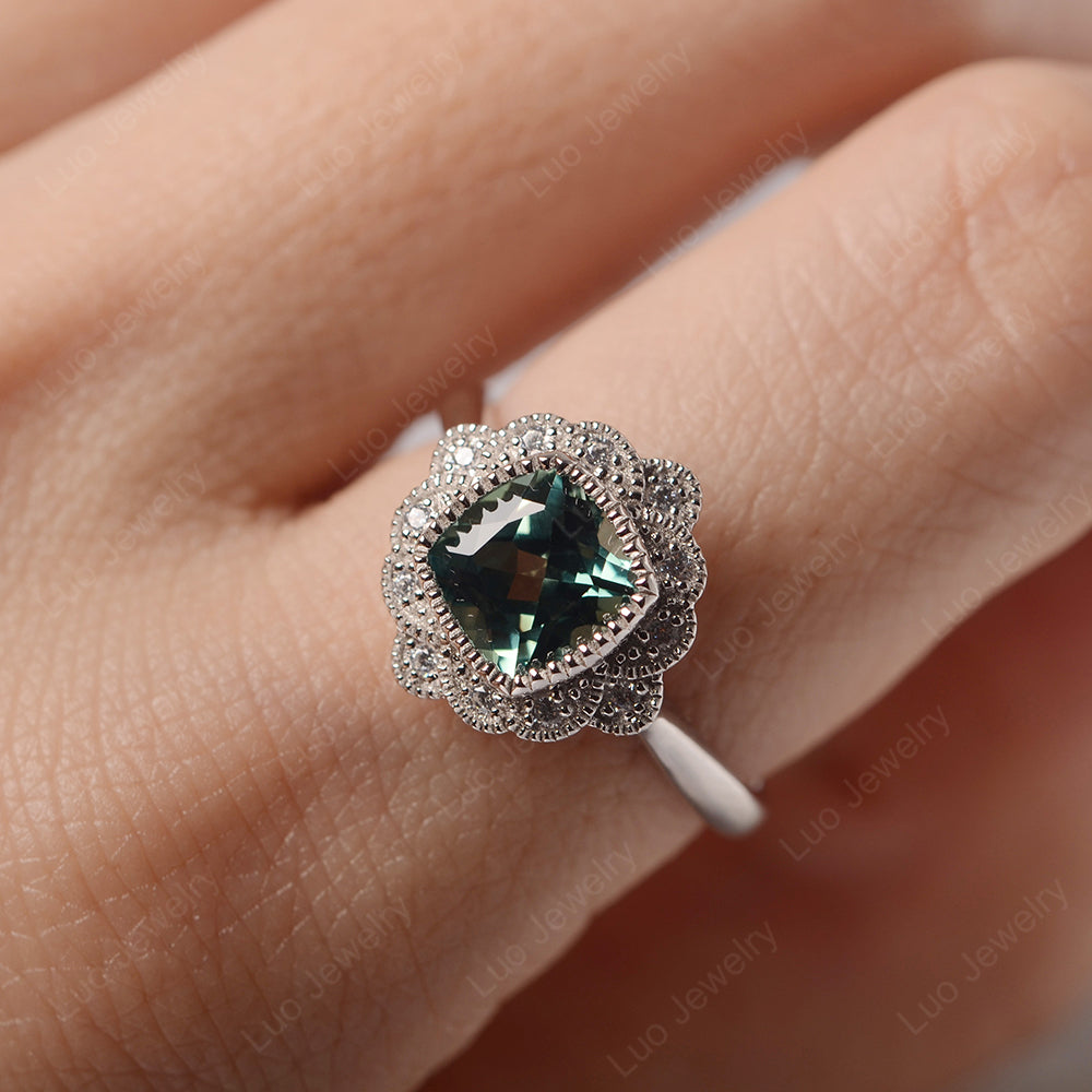 Cushion Cut Flower Green Sapphire Ring Bezel Set - LUO Jewelry