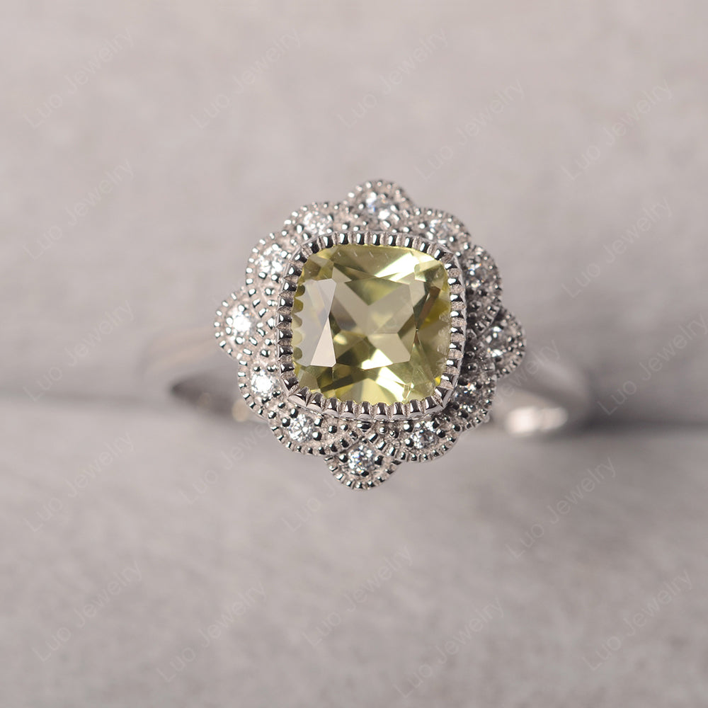 Cushion Cut Flower Lemon Quartz Ring Bezel Set - LUO Jewelry