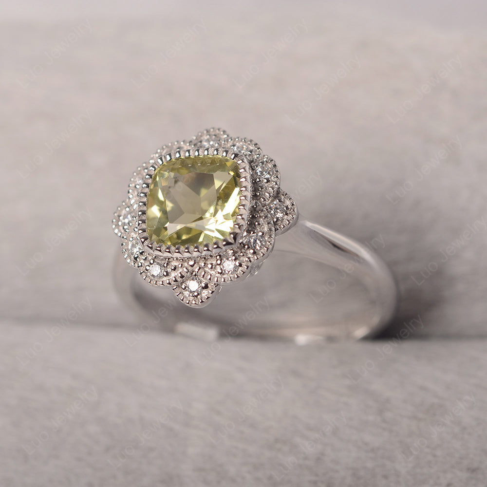 Cushion Cut Flower Lemon Quartz Ring Bezel Set - LUO Jewelry