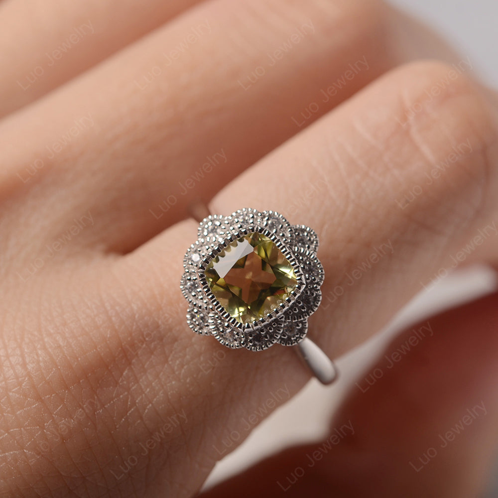 Cushion Cut Flower Lemon Quartz Ring Bezel Set - LUO Jewelry