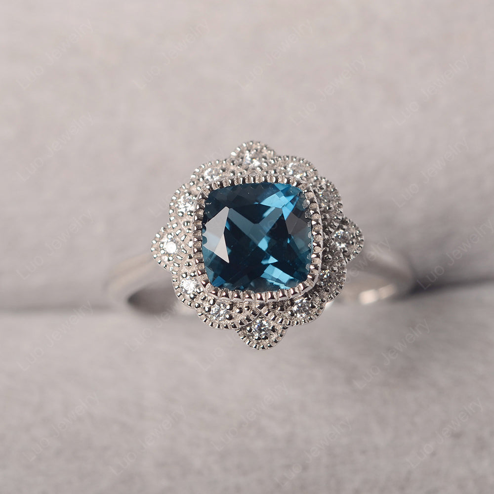 Cushion Cut Flower London Blue Topaz Ring Bezel Set - LUO Jewelry