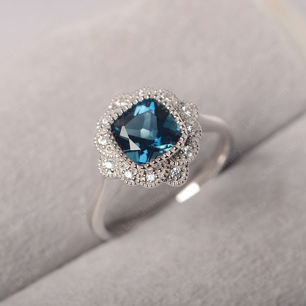 Cushion Cut Flower London Blue Topaz Ring Bezel Set - LUO Jewelry