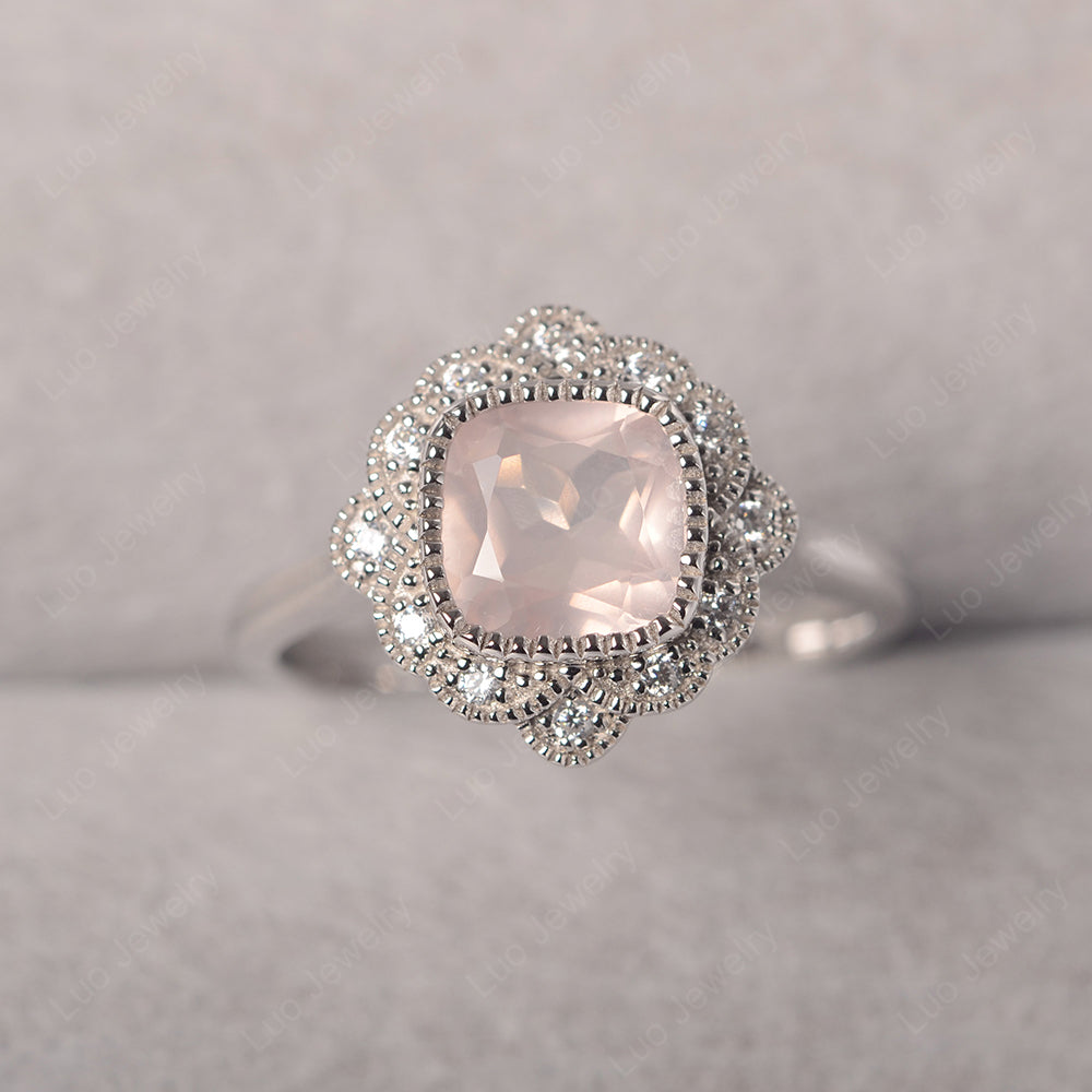 Cushion Cut Flower Rose Quartz Ring Bezel Set - LUO Jewelry