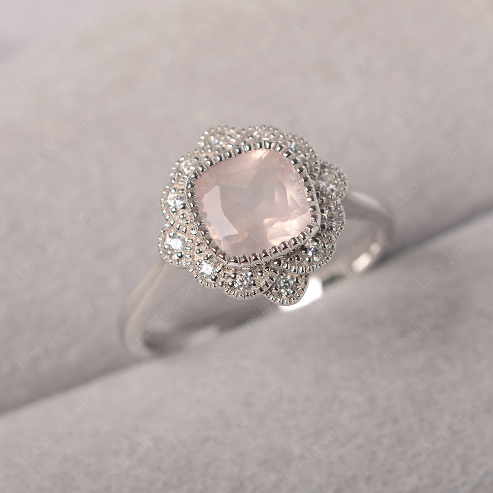 Cushion Cut Flower Rose Quartz Ring Bezel Set - LUO Jewelry