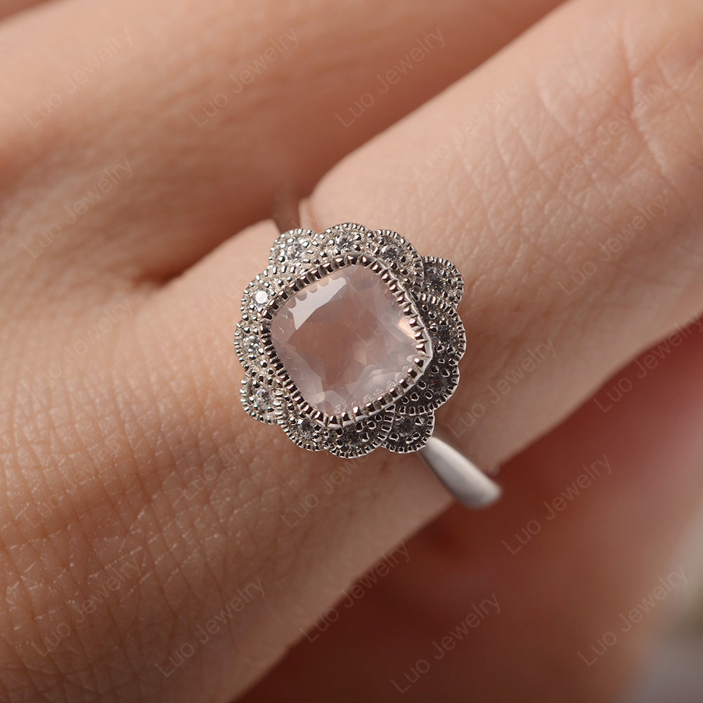 Cushion Cut Flower Rose Quartz Ring Bezel Set - LUO Jewelry