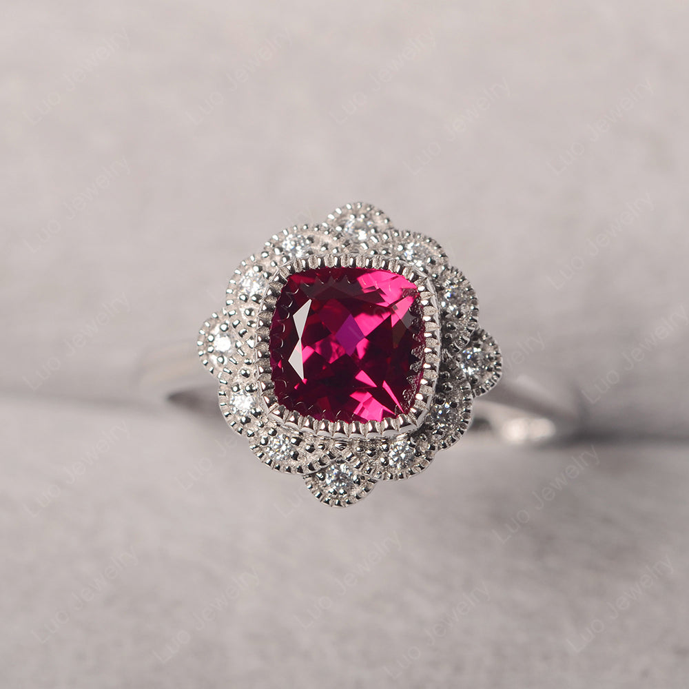 Cushion Cut Flower Ruby Ring Bezel Set - LUO Jewelry